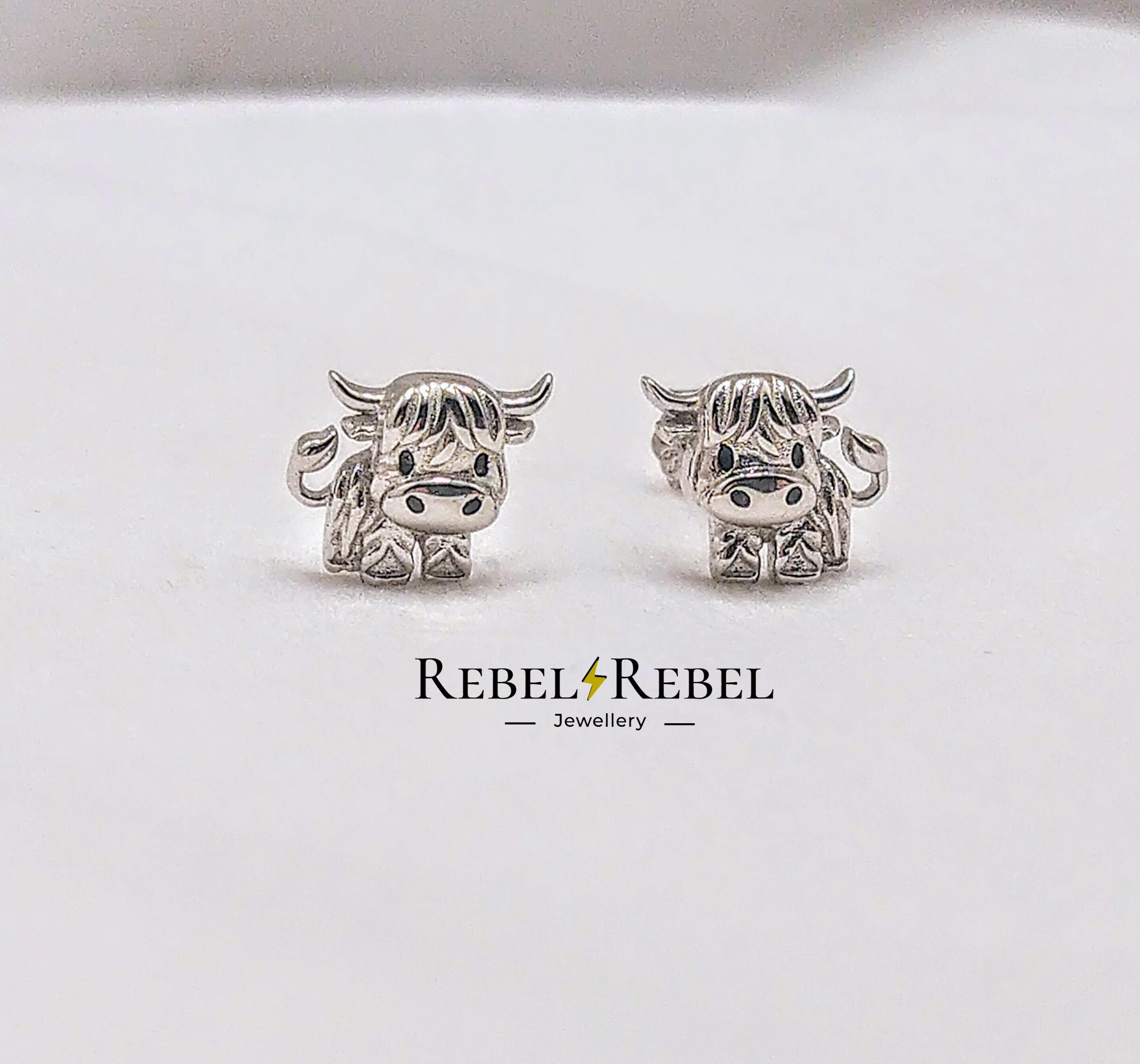 Orecchini personalizzati a palloncino Highland Cow in argento 925 con pietra di nasca Orecchini animali carini per donne ragazze amanti delle mucche - CALLIE