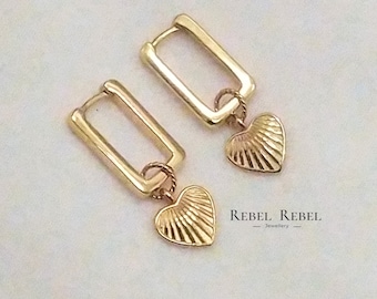 925 Sterling Silver Rectangle Hoop Earrings with Ridged Heart Charm, Rectangle Heart Drop Earrings, Minimalist Dangle Hoops