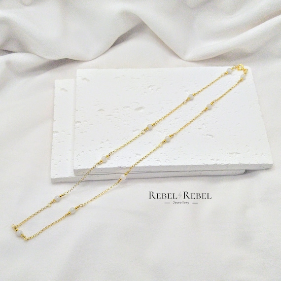 ムーンストーン スターリングシルバー ステーションネックレス：18K 
