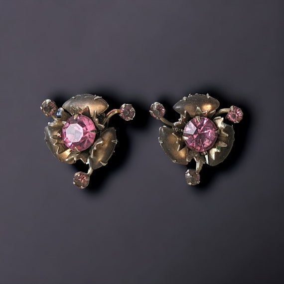 Vintage Pink and Amber Colored Rhinestone Floral … - image 1