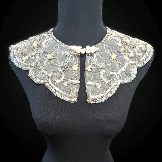 Vintage Victorian Beaded Collar Applique Nylon Sh… - image 1