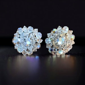 Vintage Aurora Borealis Crystal Cluster Clip-On Earrings