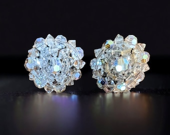 Vintage Aurora Borealis Crystal Cluster Clip-On Earrings