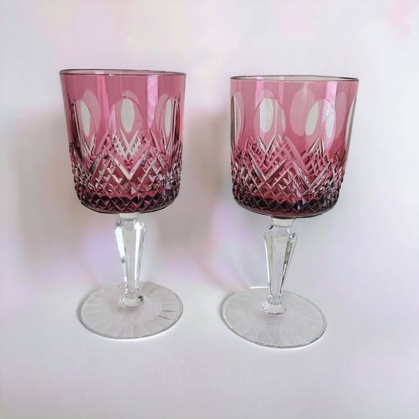 Set of 2 Beyer Kristallglas Red Cut-to-Clear Crystal Hock Wine Glasses