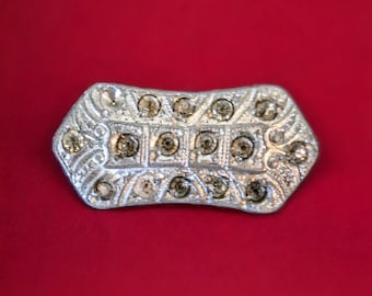 Antique Art Deco Silver Tone Brooch Pin with Yellow and Clear Rhinestones