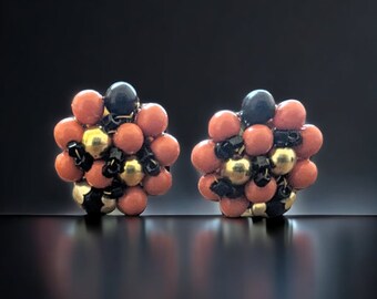 Vintage Orange, Black, and Gold Bead Cluster Clip-On Earrings