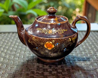 Vintage Japanese Moriage Teapot Hand Painted Redware Pottery – Raised Relief Floral Design, Asian Collectible Tea Pot Decor
