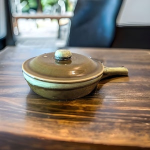 Vintage Green Pottery Bowl or Casserole Dish With Lid and Handle