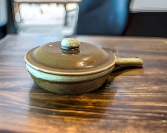 Vintage Green Pottery Bowl or Casserole Dish With Lid and Handle