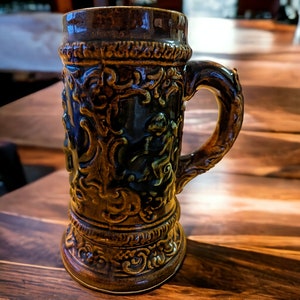 Vintage Glazed Stoneware Ornate Beer Tankard Mug Stein