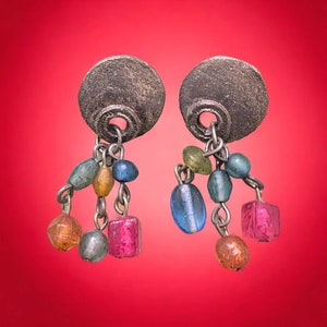 Vintage Boho Brass-Tone Dangle Glass Bead Earrings