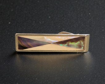 Gold Tone Mother of Pearl Vintage Tie Clip | Retro Men’s Tie Bar | Classic Groom Wedding Formal Accessory Gift for Him