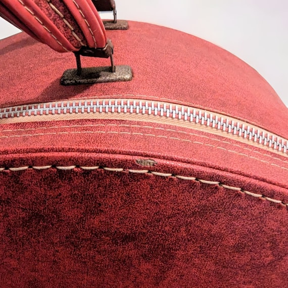 1950s Vintage Travins Red Round Travel Train Suitcase or Hat Box