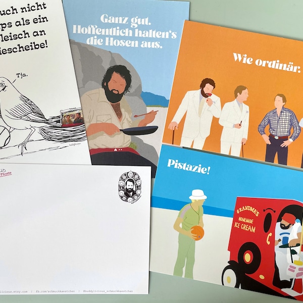 4 Postkarten Bud Spencer Terence Hill Pistazie Illustration Set Grußkarten Weihnachten Geburtstag