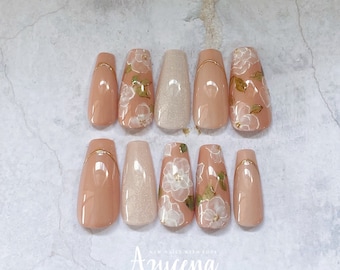 N°23 ongles naturels x floraux / Presse peinte à la main sur les ongles / Réutilisable