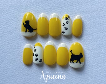 Cat Lover Press On Nails | Black Cat Nail Art | Cute Animal Nails | Yellow French Tip Press Ons | Hand Painted Nails