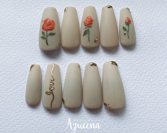 No.19 Hand painted Rose with gold accents/ asymmetry / handmade press on nails / reusable