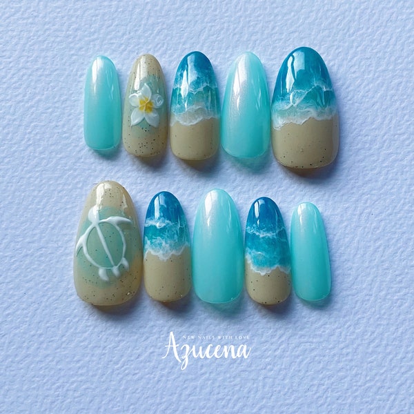 No.29 Blue Hawaii / hand painted press on nails / reusable