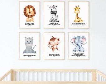 Safari Baby Nursery Bible Verse Art Prints, Set of 6 Safari Animals, nursery scripture newborn gift, baby room wall decor, Christian nursery