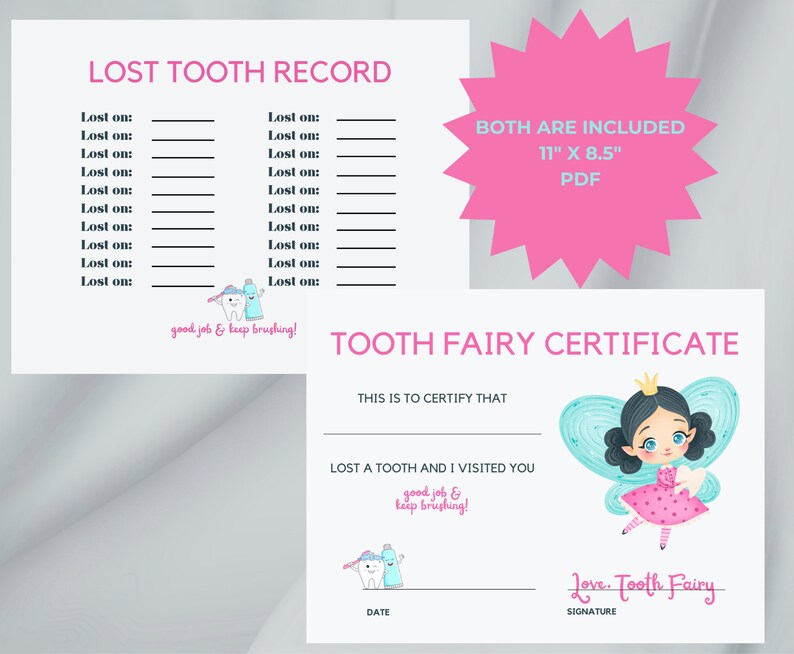 Tooth Fairy Certificate, Pdf, Lost Tooth Record, Lost Tooth Chart