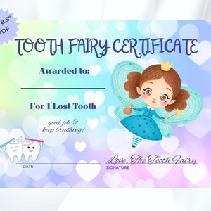 Carte des dents perdues et certificat de fée des dents, pdf imprimable, certificat de fée des dents pour fille ou garçon, dent perdue de fée des dents, téléchargement numérique pdf