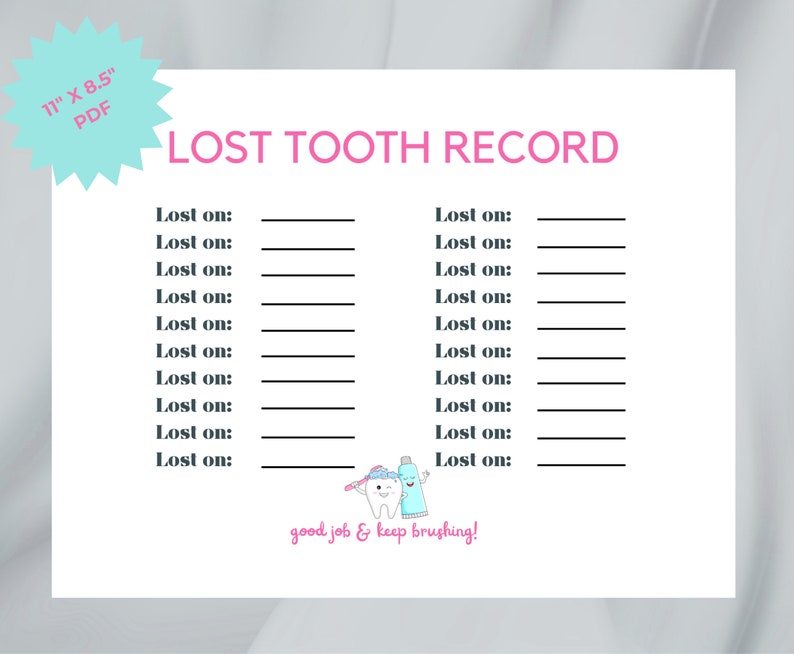 Tooth Fairy Certificate, Pdf, Lost Tooth Record, Lost Tooth Chart