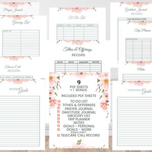 Puede incluir: Un conjunto de hojas PDF imprimibles con detalles florales. Incluye una lista de tareas, un diario de oración, un diario de gratitud, una lista de compras, un planificador de viajes y más. Las hojas tienen una estética suave y femenina.