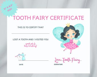 Tooth Fairy Certificate, pdf, lost tooth record, lost tooth chart, tooth fairy cert for girl, tooth fairy lost tooth, digital download pdf