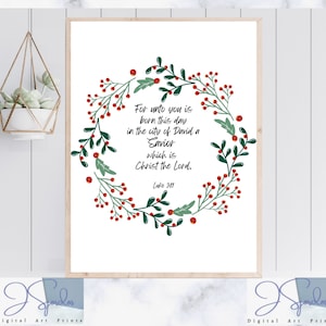 Luke 2:11 for unto you is born, Christmas print with scripture, Printable Religious Wall Art, Christian Decor, Christmas Bible Verse Digital