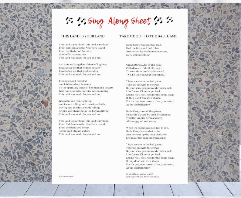Printable Sing Along Sheet, Summer Sing A Long Songs, Adults, Seniors