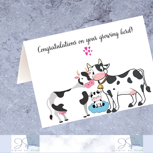 Cow card for baby shower, new baby printable card, printable cow cards, cute cartoon cow card, printable card cows, Instant Digital Download