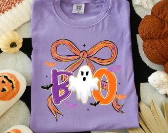 Comfort Colors® Coquette Boo Shirt, Spooky Coquette Tee, Cute Ghost Halloween Sweatshirt, Preppy Brushstroke Halloween Tee shirt