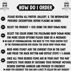 May include: A graphic with five numbered steps on how to order from a shop. The steps include reviewing photos, selecting the product and size, selecting the color, adding more items to the cart, and completing the order. The graphic also includes a note about personalization and adding a note to the seller.