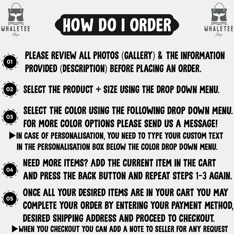 May include: A graphic with five numbered steps on how to order from a shop. The steps include reviewing photos, selecting the product and size, selecting the color, adding more items to the cart, and completing the order. The graphic also includes a note about personalization and adding a note to the seller.
