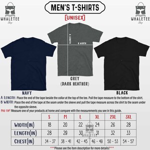 May include: A size chart for men's t-shirts in navy, dark heather grey, and black. The chart shows the width, length, and chest measurements in inches for sizes S, M, L, XL, 2XL, and 3XL.
