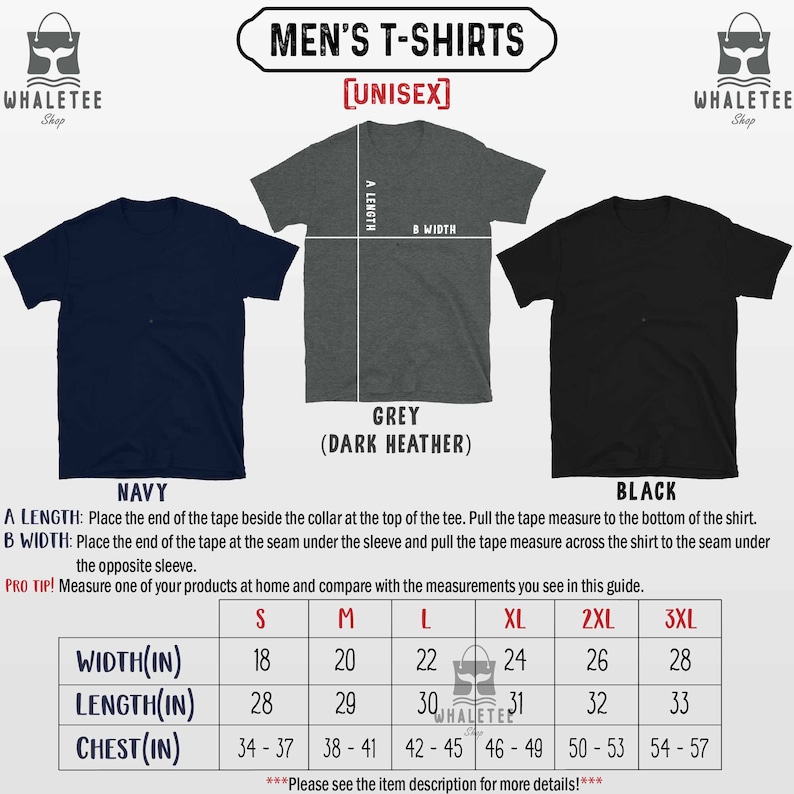 May include: A size chart for men's t-shirts in navy, dark heather grey, and black. The chart shows the width, length, and chest measurements in inches for sizes S, M, L, XL, 2XL, and 3XL.