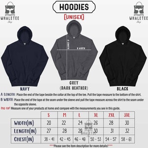 May include: Size chart for unisex hoodies in navy, grey (dark heather), and black. The chart shows width, length, and chest measurements in inches for sizes S, M, L, XL, 2XL, and 3XL.