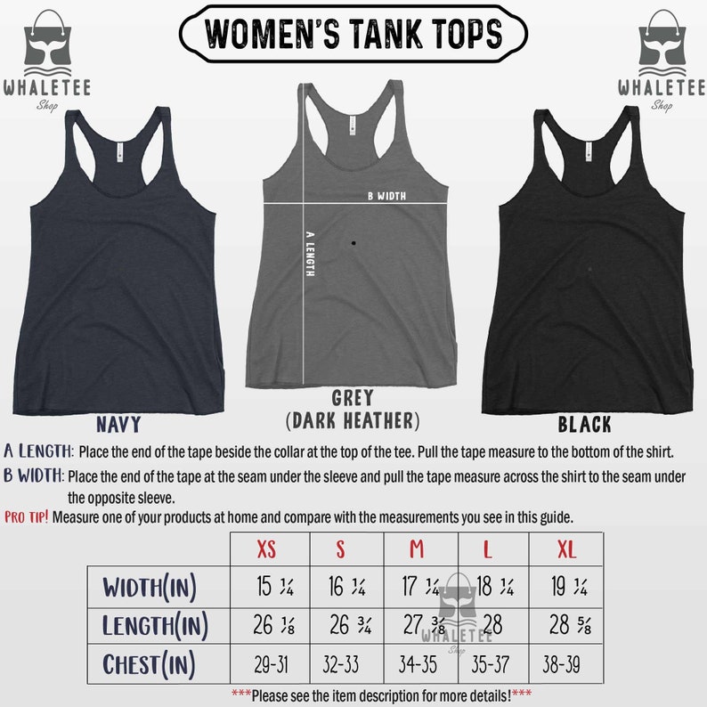 May include: Size chart for women's tank tops in navy, grey (dark heather), and black. The chart shows measurements for width, length, and chest in inches for sizes XS, S, M, L, and XL.