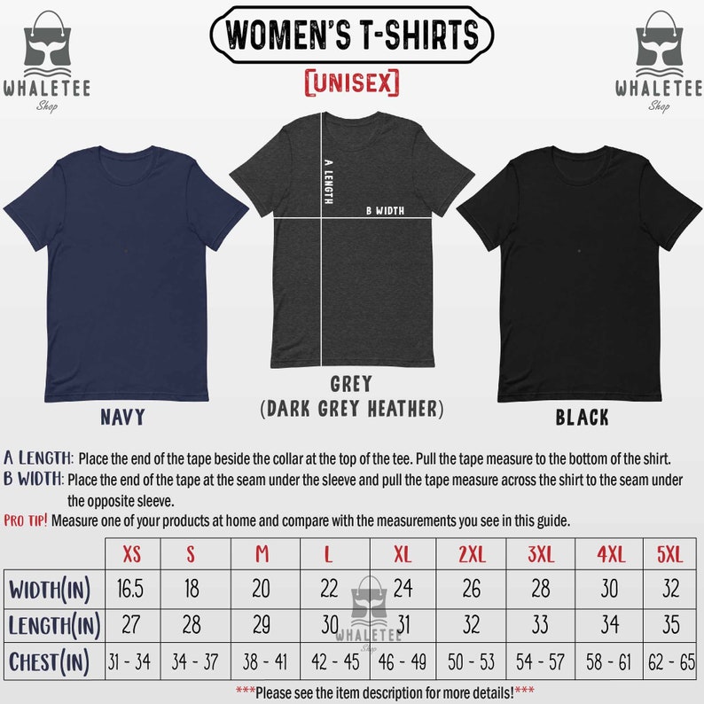 May include: Size chart for unisex t-shirts in navy, dark grey heather, and black. The chart shows measurements in inches for width, length, and chest for sizes XS to 5XL.