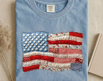 Comfort Colors® Faux Patchwork American Flag Shirt, Vintage Faux Quilted USA Graphic Tee, 250th Years Patriotic Fourth Of July Sweatshirt