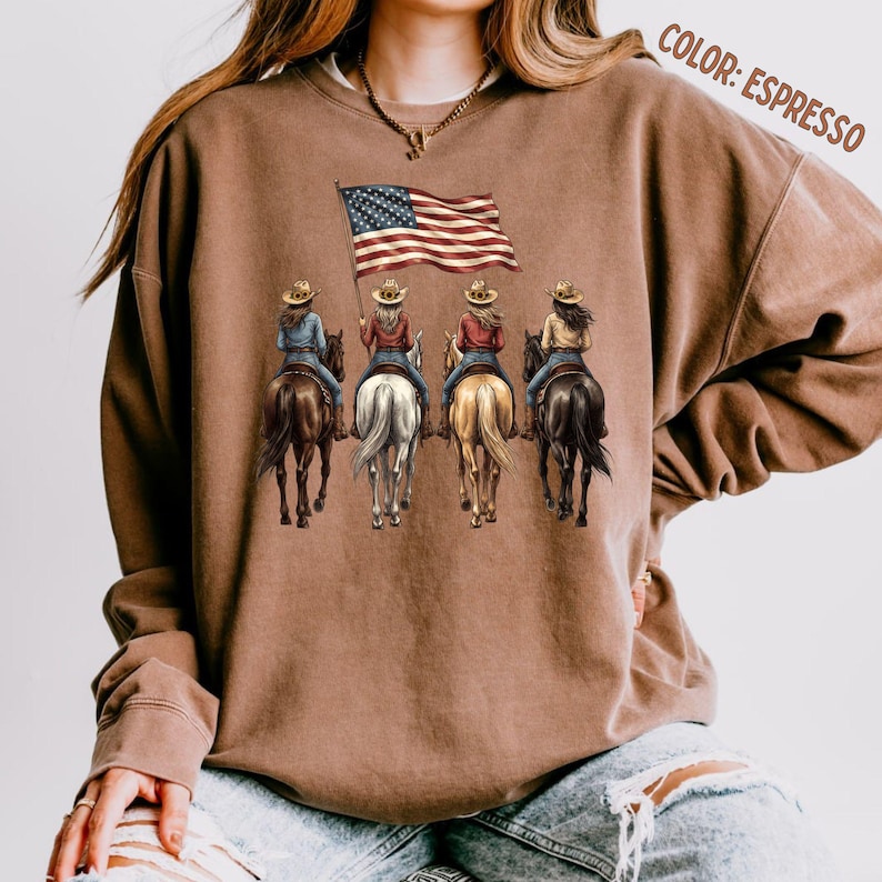 Comfort Colors® Patriotic Cowgirls Shirt, Horse Riding Tee, 250th Anniversary American 4th of July Cowgirl Sweatshirt, Country Girl Gift image 3