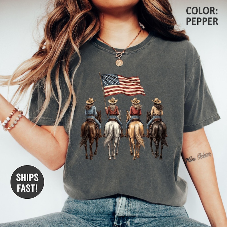 Comfort Colors® Patriotic Cowgirls Shirt, Horse Riding Tee, 250th Anniversary American 4th of July Cowgirl Sweatshirt, Country Girl Gift image 2