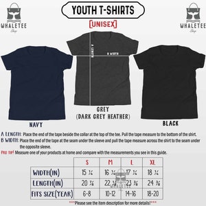 May include: Size chart for youth unisex t-shirts in navy, dark grey heather, and black. The chart shows width, length, and corresponding age in years for sizes small, medium, large, and extra large.