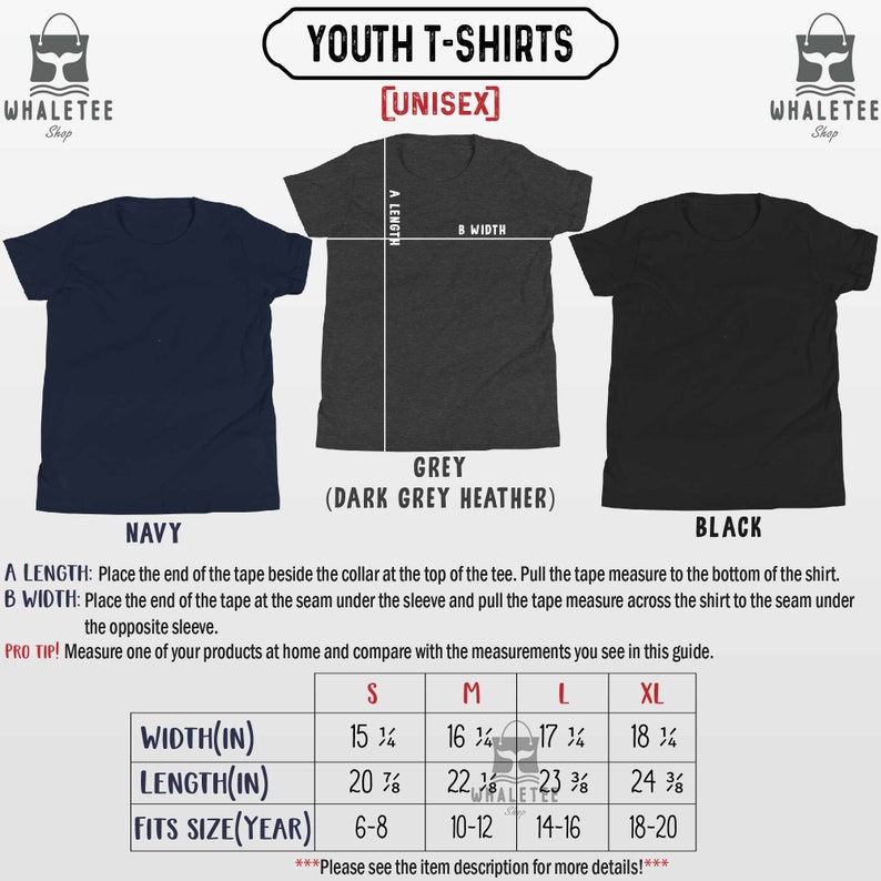 May include: Size chart for youth unisex t-shirts in navy, dark grey heather, and black. The chart shows width, length, and corresponding age in years for sizes small, medium, large, and extra large.