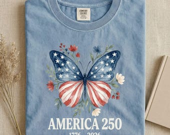 Comfort Colors® Patriotic Butterfly Shirt, America 250th Anniversary 1776 2026 Tee, 4th of July Floral Gift, American Flag Memorial Day Tee