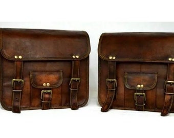 Two Motorcycle Saddle Bag Real Vintage Leather Luggage Tool Side Pouch Panniers Brown Saddle Pannier Bags