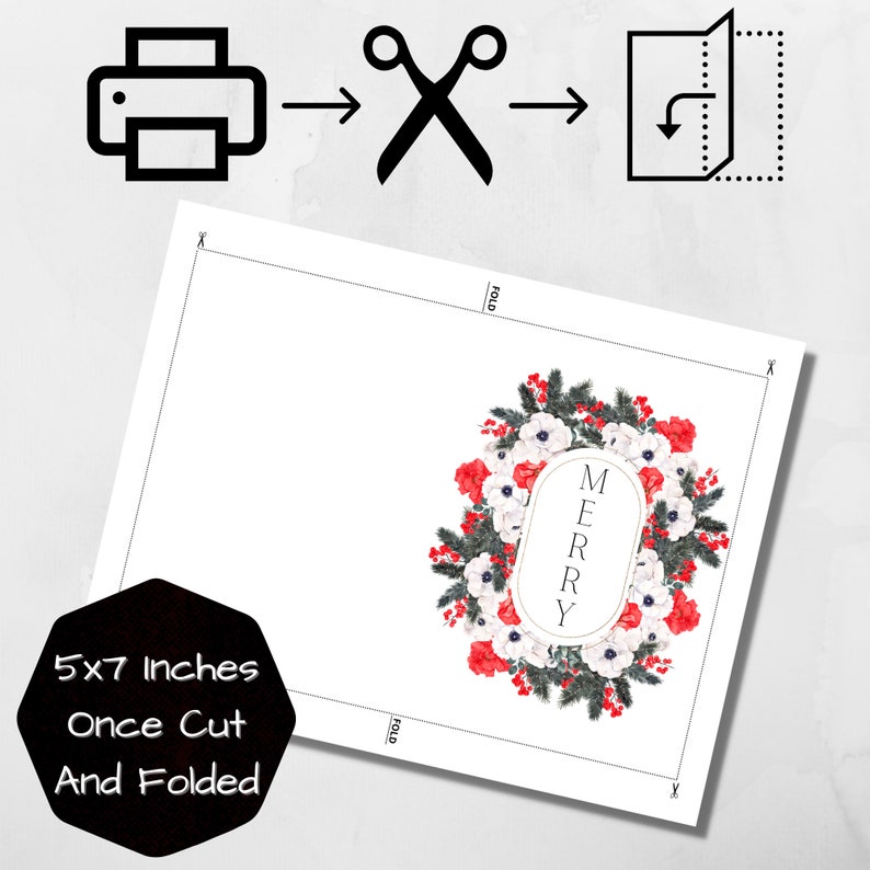 Pode incluir: Cart&atilde;o imprim&iacute;vel de 12,7 x 17,8 cm com uma grinalda floral vermelha e branca com a palavra "Merry" em um oval dourado. O cart&atilde;o &eacute; projetado para ser cortado e dobrado.