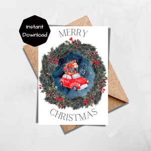 5x7 Christmas Postcard, Santa’s Car Tree Truck Xmas Holiday Card, New Happy Greeting, DIY Merry Christmas Cards Printable Pdf, Download