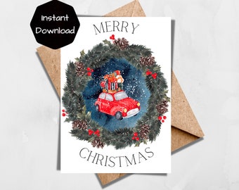 Cartão de Natal com o carro do Papai Noel e o caminhão da árvore de Natal (PDF para imprimir)