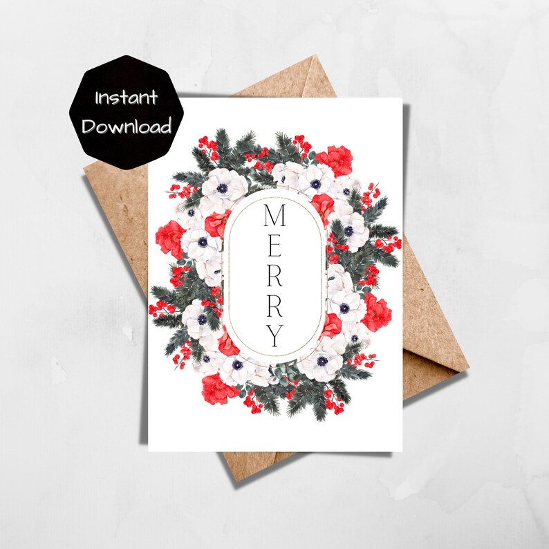 Pode incluir: Um cart&atilde;o branco com uma coroa de flores vermelhas e brancas e folhas verdes. A palavra "MERRY" est&aacute; escrita em um oval dourado no centro da coroa.
